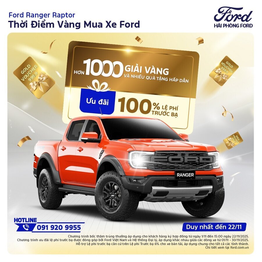 Ford Ranger Raptor Tháng 11 – Ưu Đãi Lệ Phí Trước Bạ 100% - Xe Sẵn Giao Ngay Tại Hải Phòng Ford